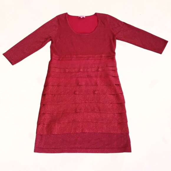 Carmen Marc Valvo Red HalfSleeve Stretch ScoopNeck Pleated Midi Sweater Dress XL - Picture 3 of 12